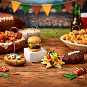 Super Bowl Food Label Holders Set 4 –Burger, Nachos, Potato Skins, Football Cake